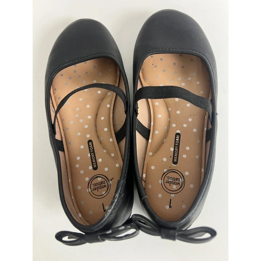 Wonder Nation Girls Black Ballet Flats Memory Foam Bow Back Shoes Size 1